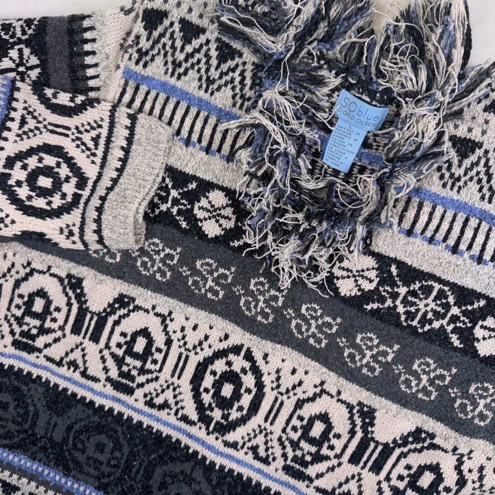 So Blue Sigrid Olsen Sweater Women Large Grey Black Blue Fair Isle Fringe Nordic